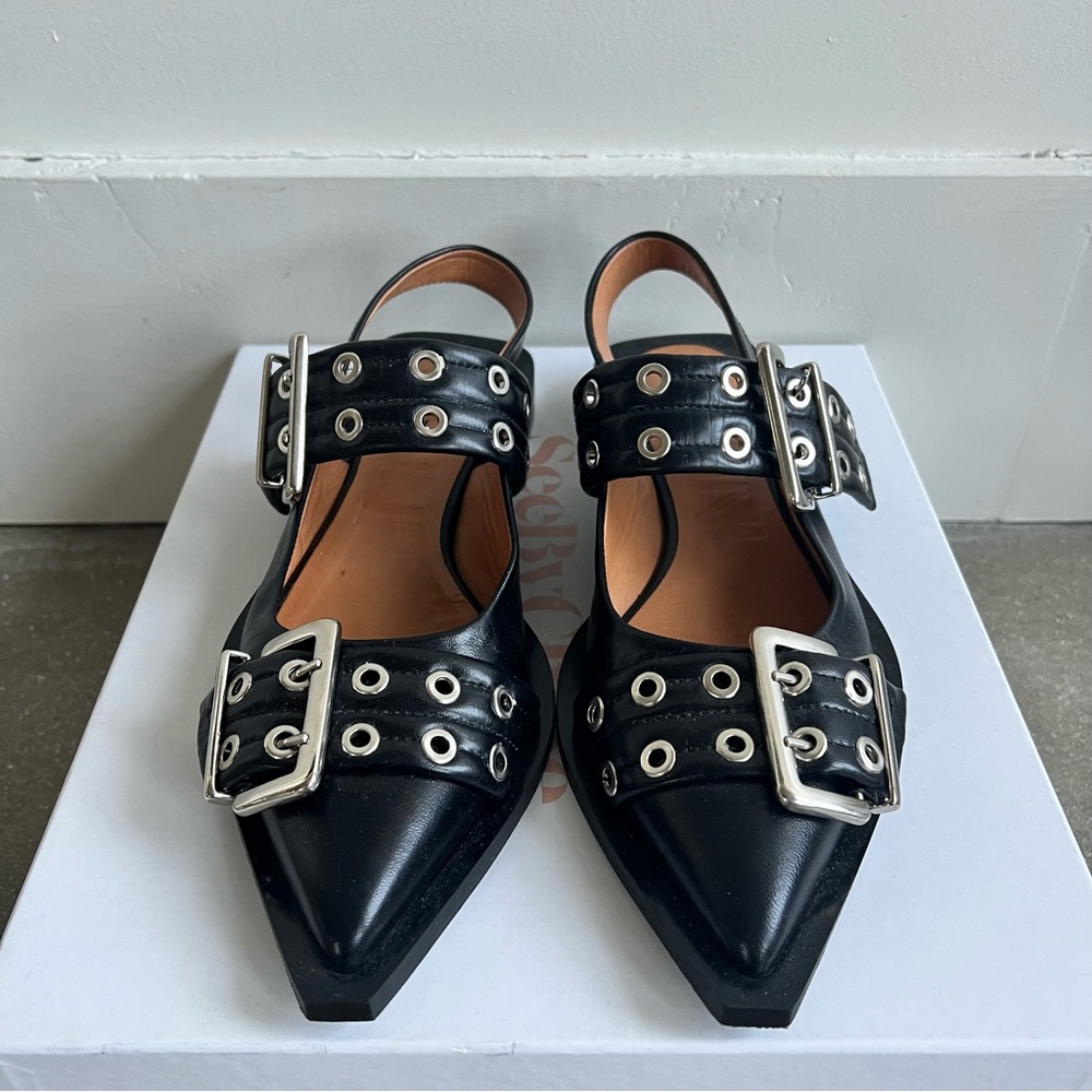 Ganni Black Pointed Leather Buckle Flats